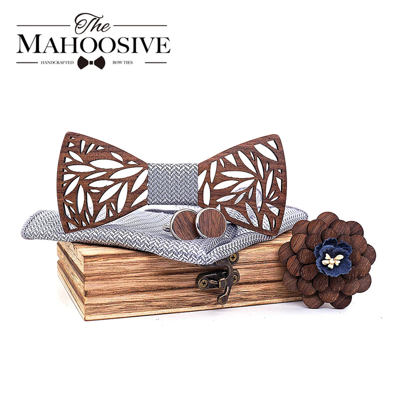 Wooden Bow Tie Handkerchief Set Men's Plaid Bowtie Wood Hollow Carved Cut Out Floral Design and Box Fashion Novelty Men Ties