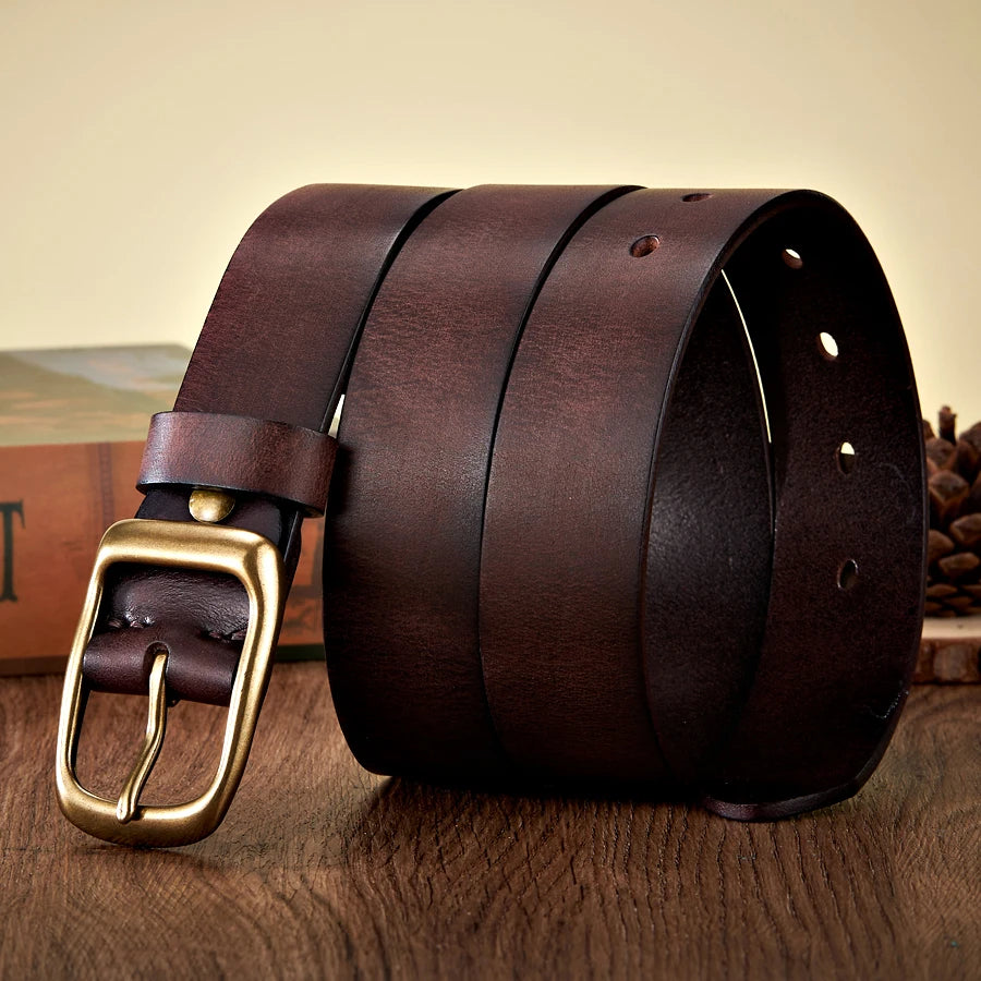3.3CM Natural Cowskin Genuine Leather Belt Men Casual Copper Buckle Business Male Strap for Jeans Cowboy Cintos