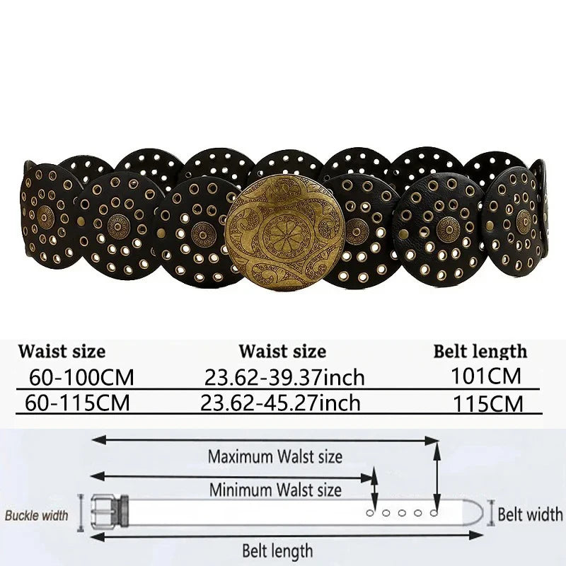 Cinturón de mezclilla estilo vaquero para mujer, metal de alta calidad, hueco, tendencia para damas, cintura ancha, vintage, personalizado, redondo, DT148