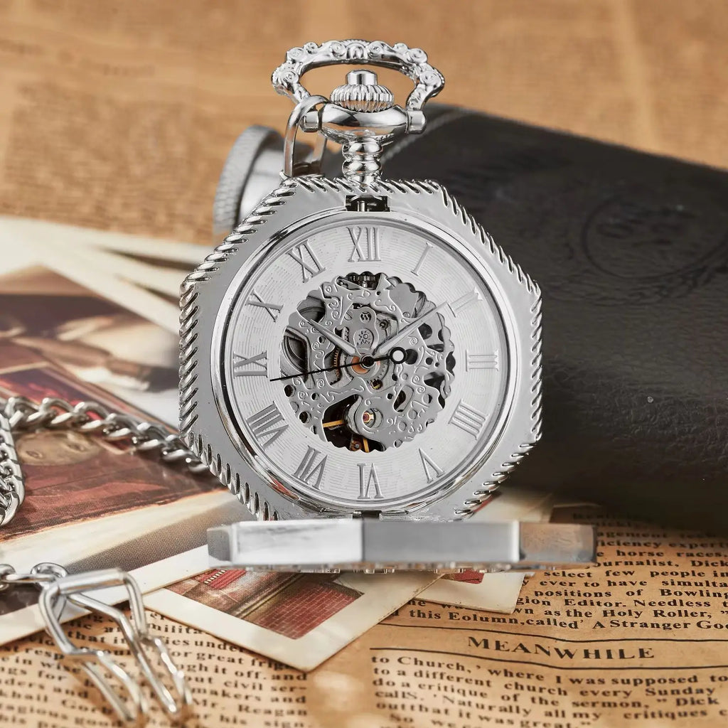 Classic Hexagonal Mechanical Pocket Watch FOB Chain Steampunk Roman Dial Skeleton Gold Hollow Steel Men's Pocket Watch