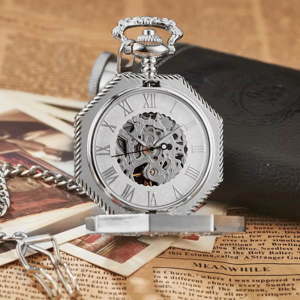 Classic Hexagonal Mechanical Pocket Watch FOB Chain Steampunk Roman Dial Skeleton Gold Hollow Steel Men's Pocket Watch