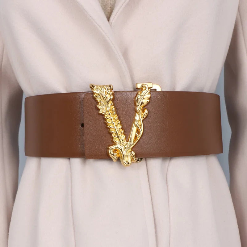Cinturón de 6,5 cm de ancho para mujer, metálico dorado, con decoración grande en forma de V de piel de vaca, versátil, a la moda, para oficina, vestido, chaqueta y vaqueros