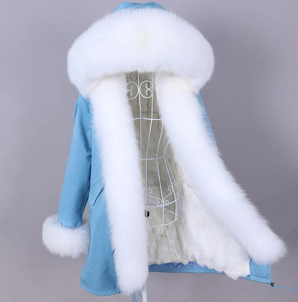 MAOMAOKONG 2026 Removable Real Fox Fur Collar Coats Woman Winter Jacket Hooded Rabbit Fur Lining Long Parkas Female Clothes