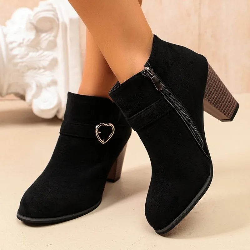 Botines de mujer efecto gamuza, punta redonda, tacón cuadrado y cremallera lateral