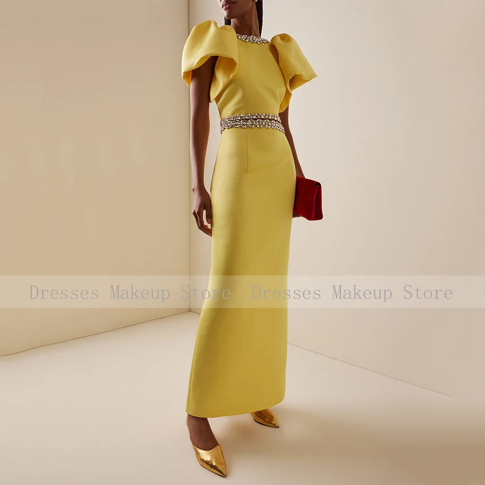 Customized Modern Cocktail Dress Maxi 2 Pieces Crystal O Neck Yellow Prom Gowns for Women Puff Sleeves Column Formal Party Dress
