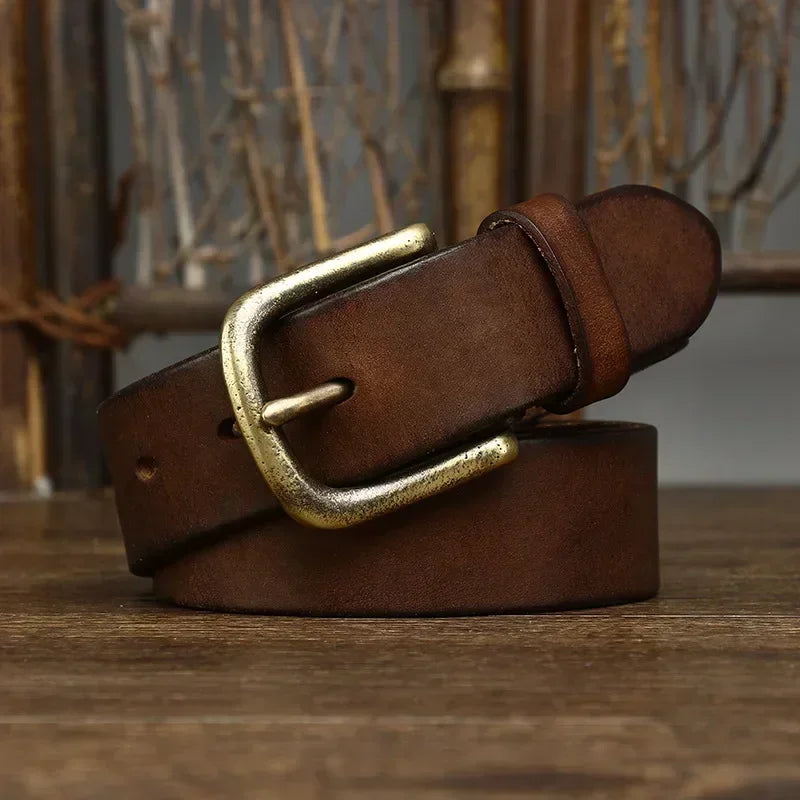 Cinturón de cuero genuino de 3.3 cm para hombre, correa de lujo, moda masculina, piel de vaca pura, hebilla de cobre, estilo retro clásico, hebilla de espiga, alta calidad