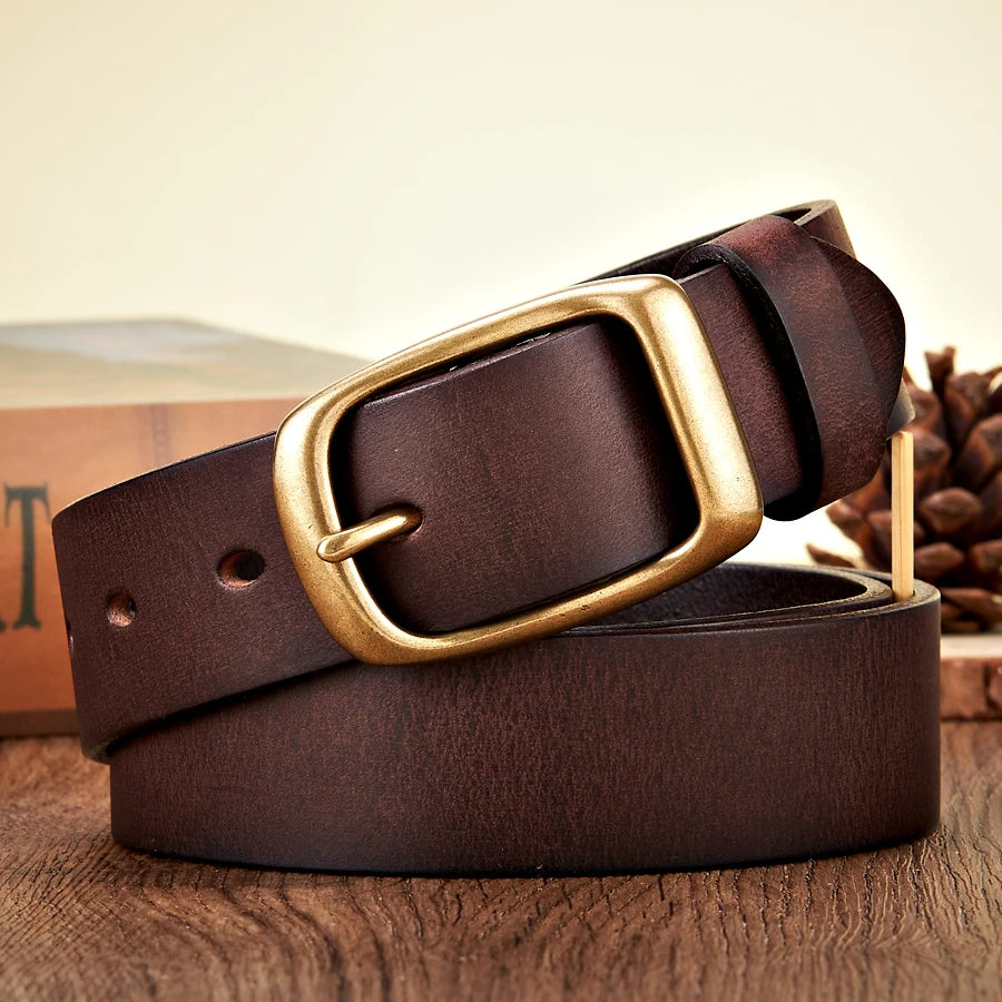 3.3CM Natural Cowskin Genuine Leather Belt Men Casual Copper Buckle Business Male Strap for Jeans Cowboy Cintos