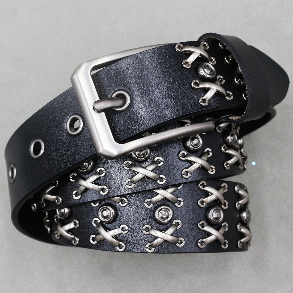 Heavy Metal Punk Belt Genuine Leather Hip Hop Belts for Men Cross Rivet Jeans Belt Male Strap Ceinture Homme Designer Belt