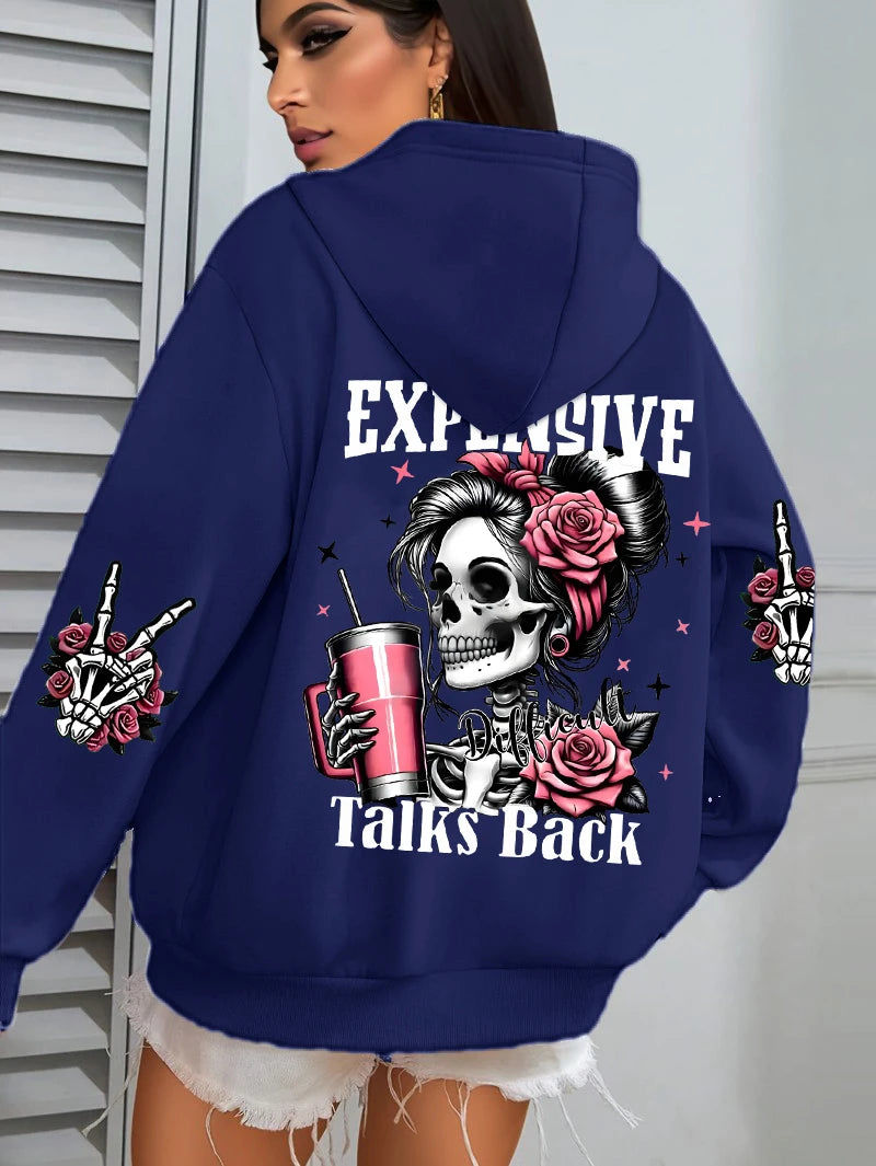 Damska bluza z kapturem z zabawnym nadrukiem „Expensive Talks Back”, luźny wielokolorowy sweter z polaru, jesienna odzież sportowa, bluza z kieszenią w stylu casual