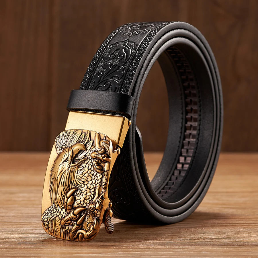 Cinturón de piel auténtica de 3,5 cm con hebilla automática de águila, cinturón de piel de vaca con relieve, correa de calidad para hombre, cinturón de negocios de cuero genuino para vaqueros