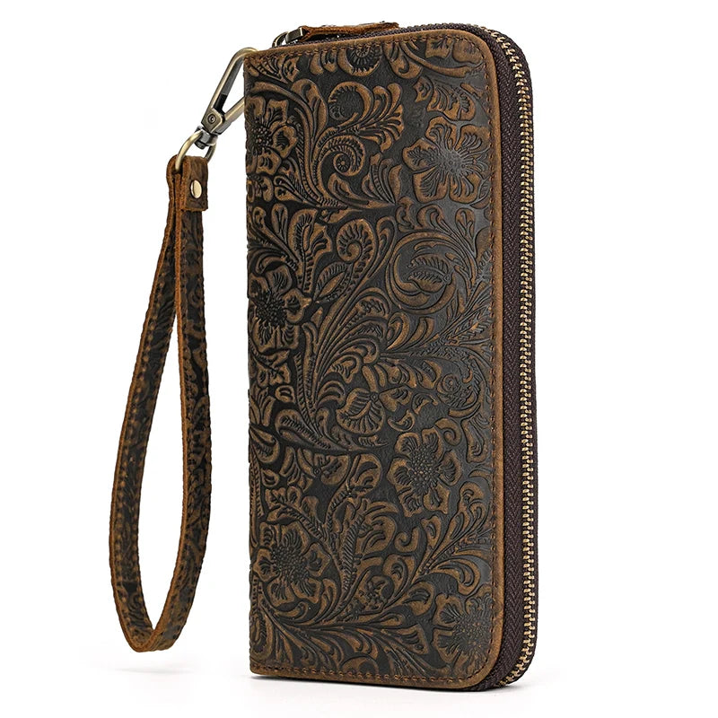 Luksusowy portfel damski i męski z podwójnym zamkiem, długi, skórzany w stylu vintage, kopertówka, etui na telefon, karty i monety, 100% prawdziwa skóra, portfel męski