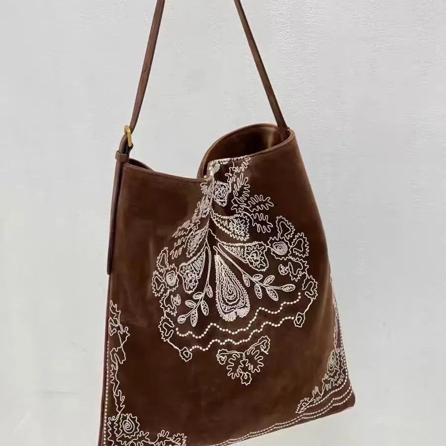 Vintage Bohemian Embroidery Suede Tote Bag for Women Large Capacity