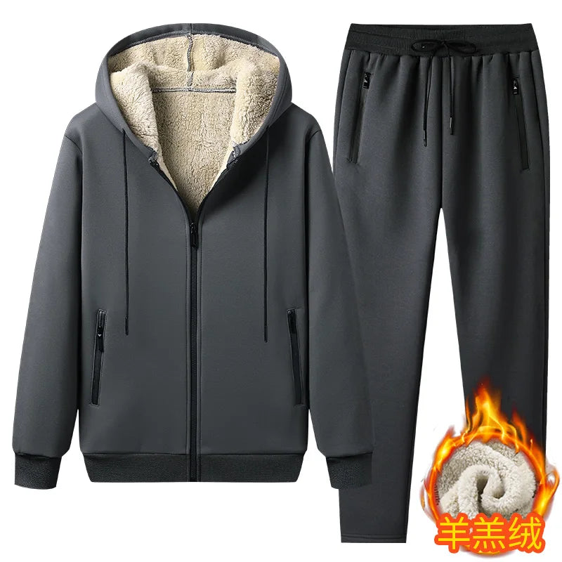 Ensemble d'hiver pour homme : veste chaude et épaisse à capuche + pantalon, ensemble 2 pièces, sweat à capuche en cachemire d'agneau, survêtement zippé, tenue de sport pour homme, grande taille jusqu'au 6XL