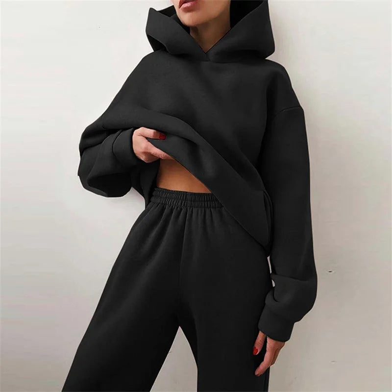 Damski dres jesienny, modna ciepła bluza z kapturem, dwuczęściowy komplet typu oversize, gładki, casualowy, z długimi spodniami
