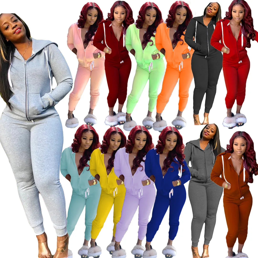 Women's Monochrome Fleece Two-Piece Sports Suit Color Sweater Fashion Trend Comfortable Gym Workout Set
