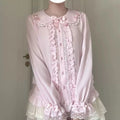Blusa estilo Sweet Lolita japonés de poliéster para mujer con cuello de encaje y lazo