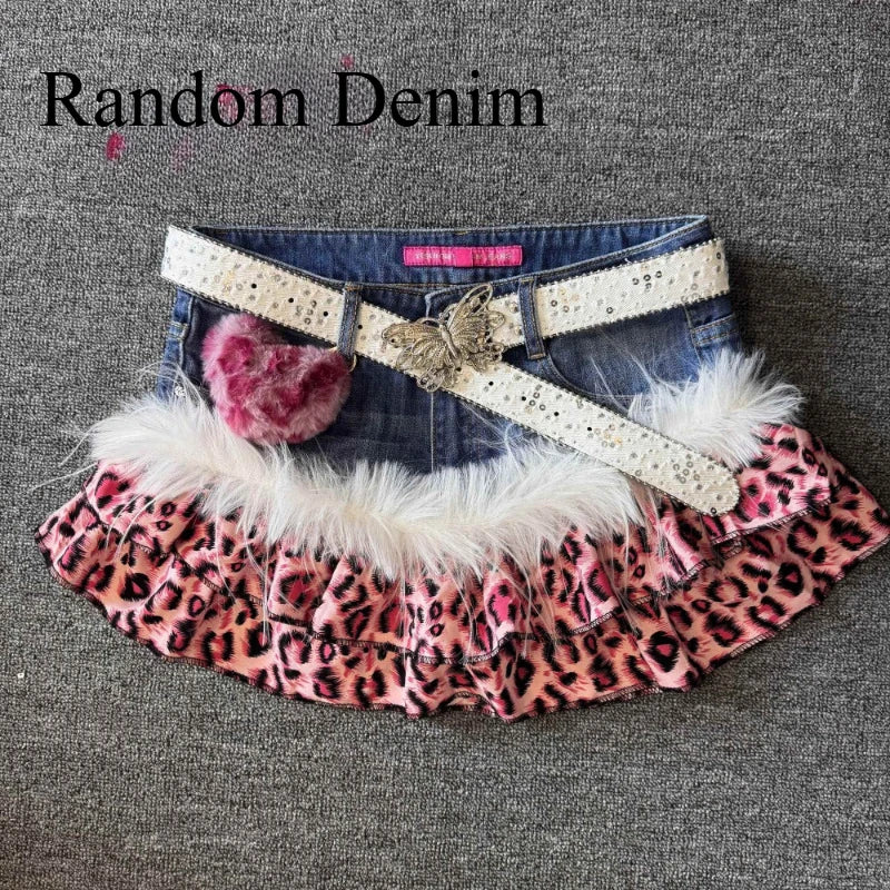 Leopard Patchwork Denim Mini Skirt High Rise Slim Fit for Women