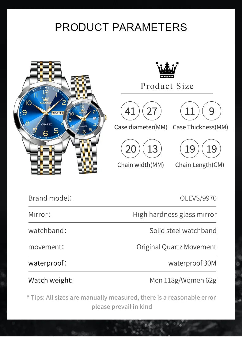 OLEVS 9970 Luxury Quartz Watch Classic Rhombus Mirror Waterproof Digital Dial Men's Watch Women's Watch Date Week Couple Watch