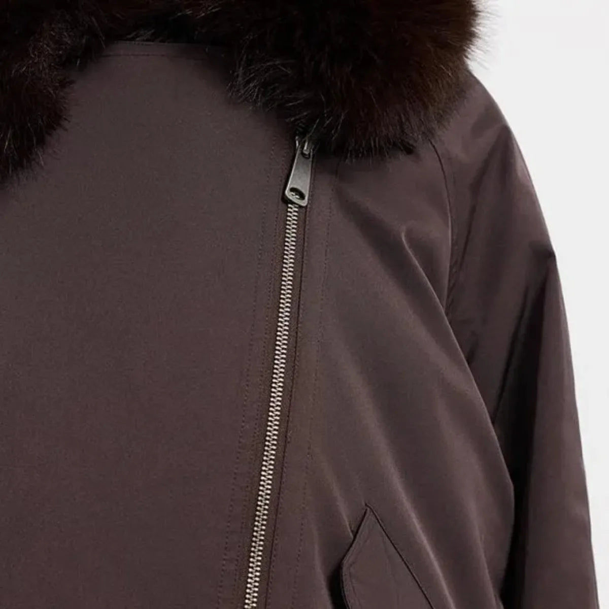 Women's Dark Brown Faux Fur Collar Cropped Biker Parka Jacket