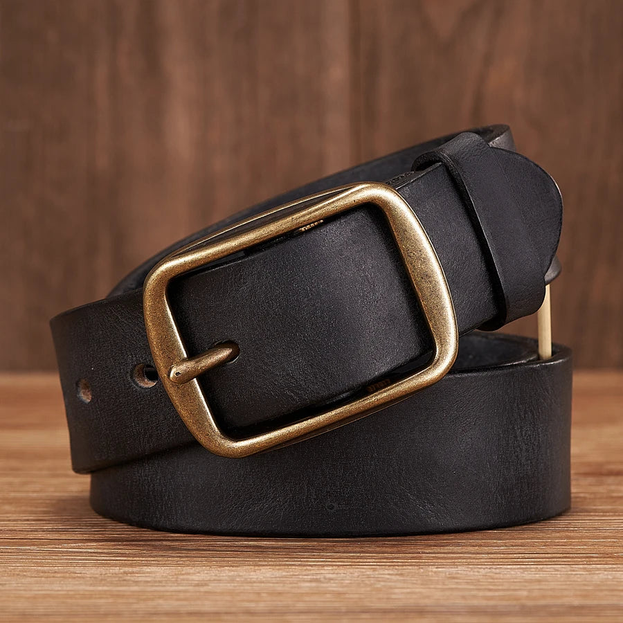 Thick Cowhide Copper Pin Buckle Real Genuine Leather Belt for Jeans Fashion Casual Belt Men Waistband Retro Luxury Male Strap