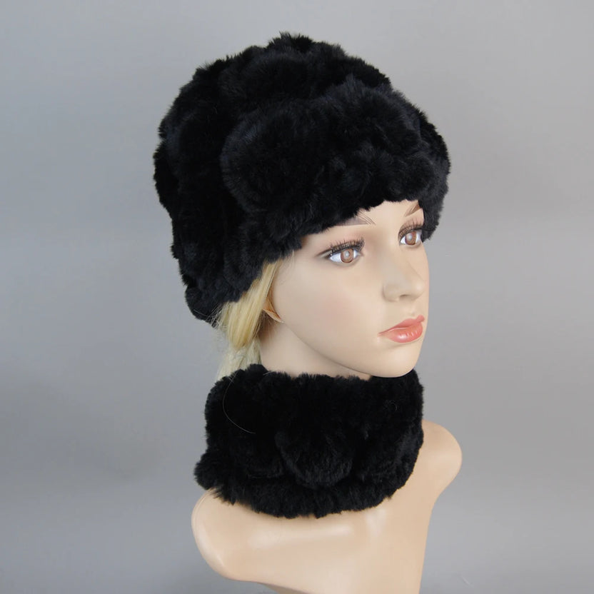 Damen Strick-Set aus echtem Rexkaninchenfell, Mütze und Schal, natürlicher warmer Rexkaninchenfell-Schal, Wintermütze für Damen, Set aus echtem Rexkaninchenfell
