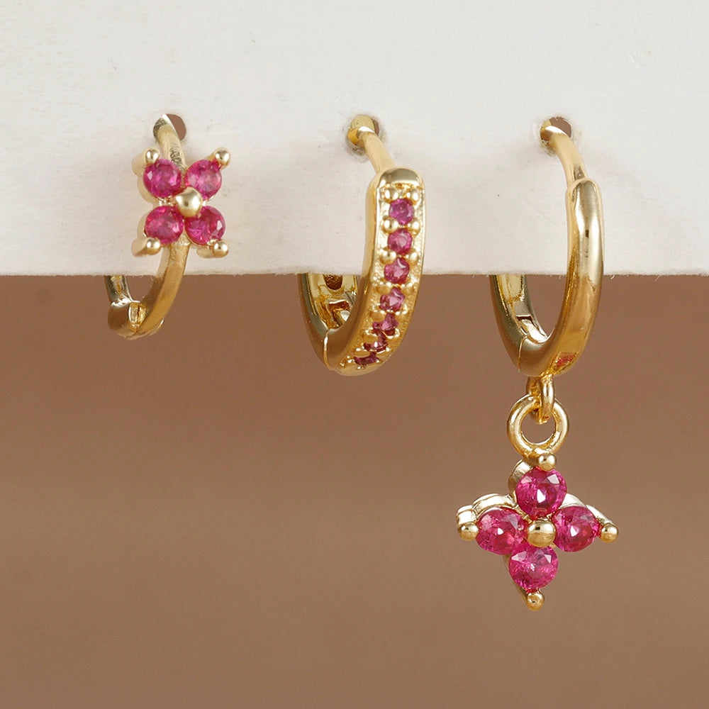 Pendientes de acero inoxidable con forma de flor y circonitas para mujer - Set de 3 piezas