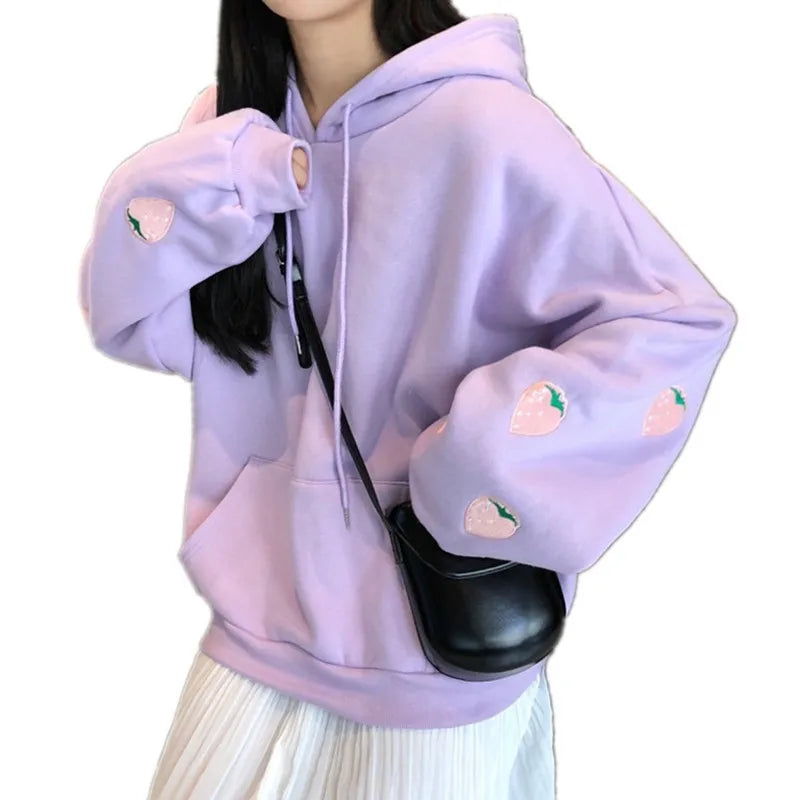 Lawendowo-różowa bluza oversize w stylu Harajuku z haftem truskawki, jesienno-zimowa, damska, kawaii, luźna, z długim rękawem, XXL