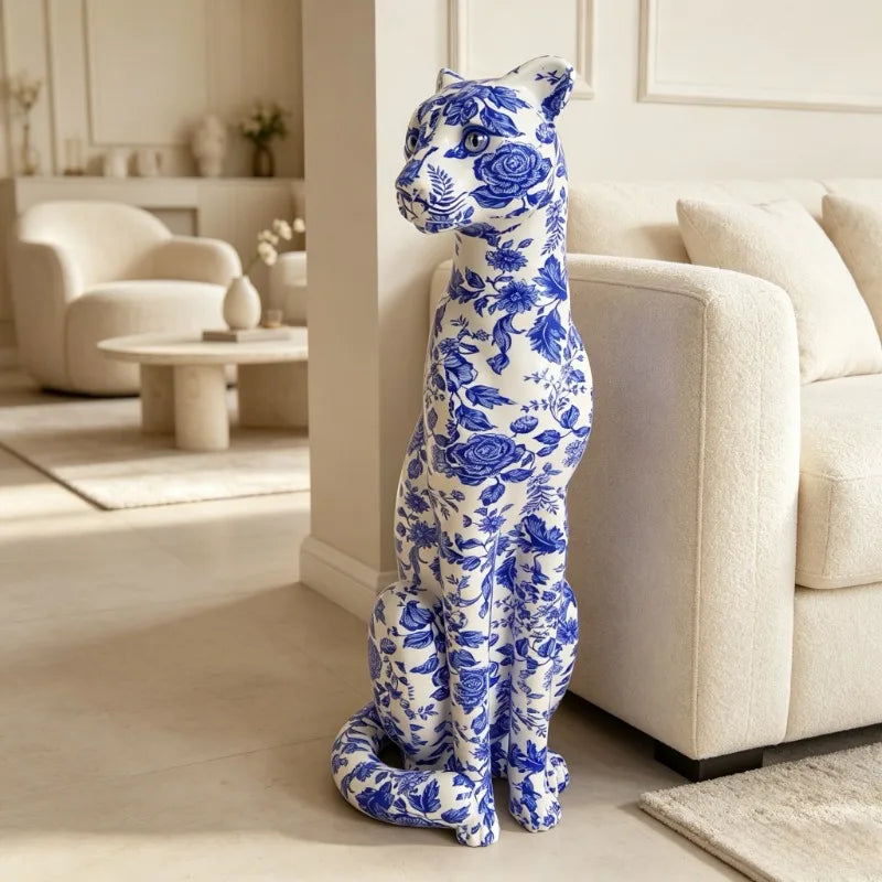 Blue and White Porcelain Leopard Resin Sculpture for Home Decor