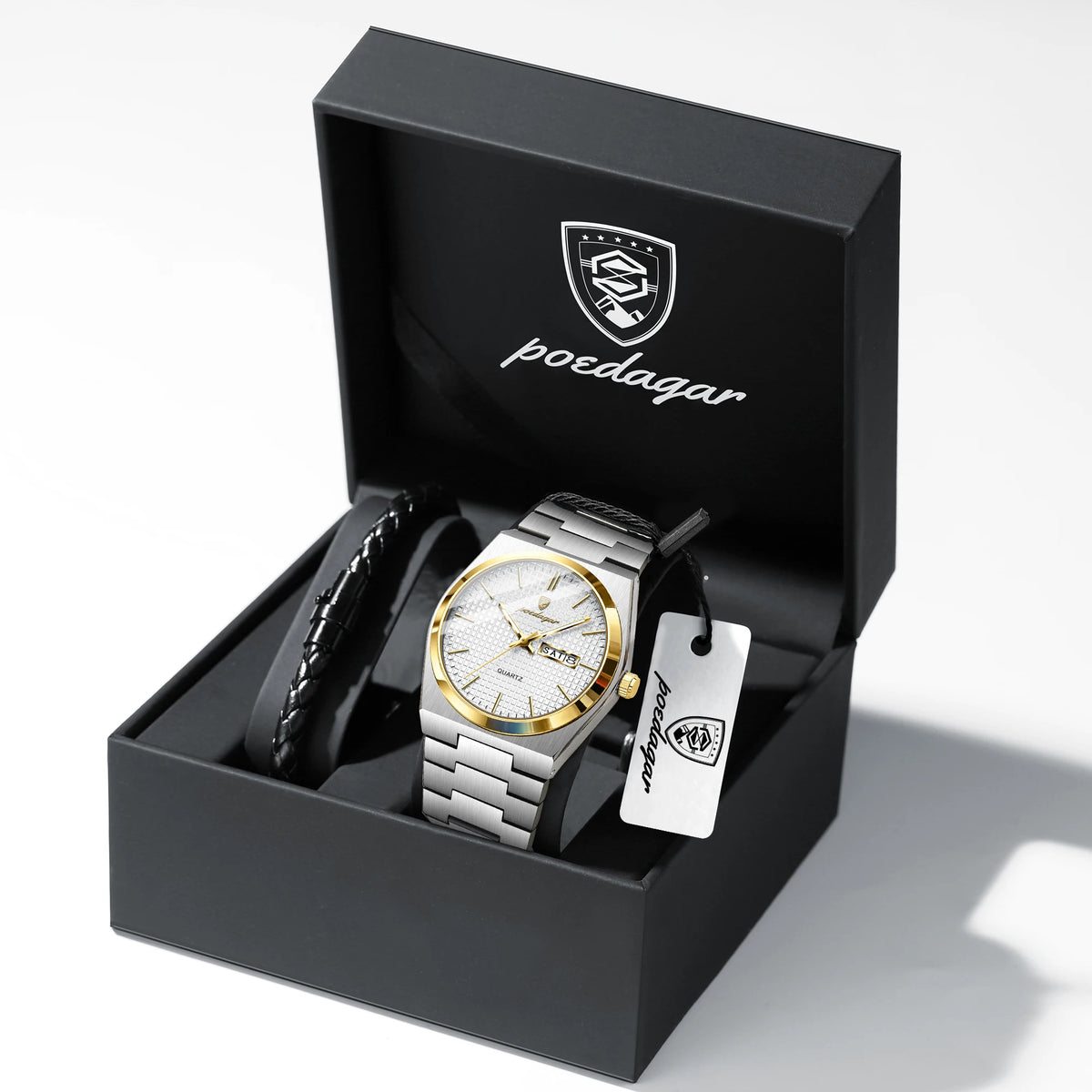 POEDAGAR Fashion Couple Watch Waterproof Stainless Steel Men Wristwatch Luminous Date Week Quartz Watches for Boyfriend+Gift Box