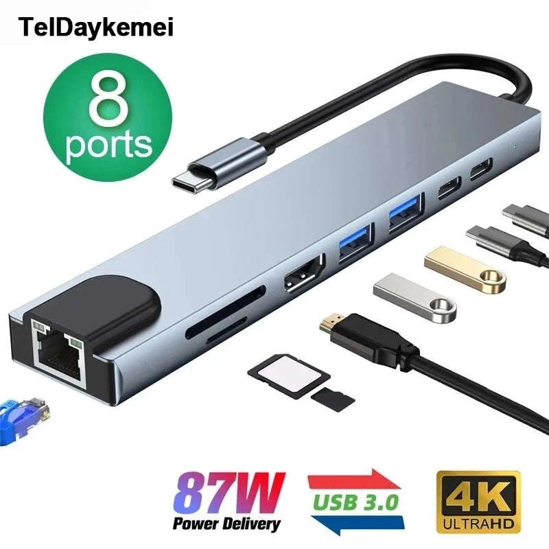 TelDaykemei 8-in-1 USB-C Hub with HDMI 4K, RJ45, SD/TF Card Reader