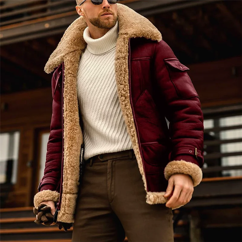 Winter Faux Leather Jackets Men Fleece Turn Down Collar Motorcycle Coat Solid Male Warm Thick Windproof Zipper Casual Outwear