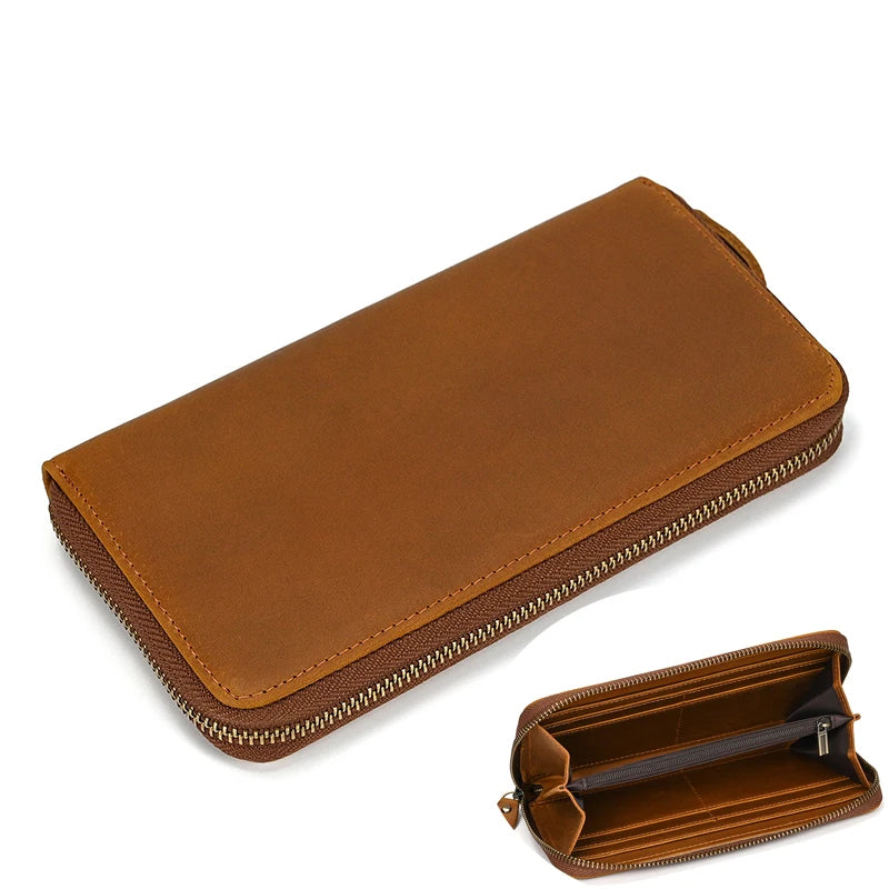 Luksusowy portfel damski i męski z podwójnym zamkiem, długi, skórzany w stylu vintage, kopertówka, etui na telefon, karty i monety, 100% prawdziwa skóra, portfel męski