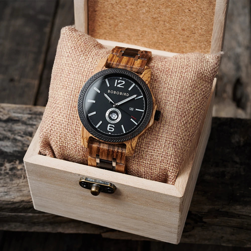 Wooden  Men's Watches BOBOBIRD New Fashion Japanese Movement Quartz Wristwatch Week Date Display Custom Name Brand Great Gift