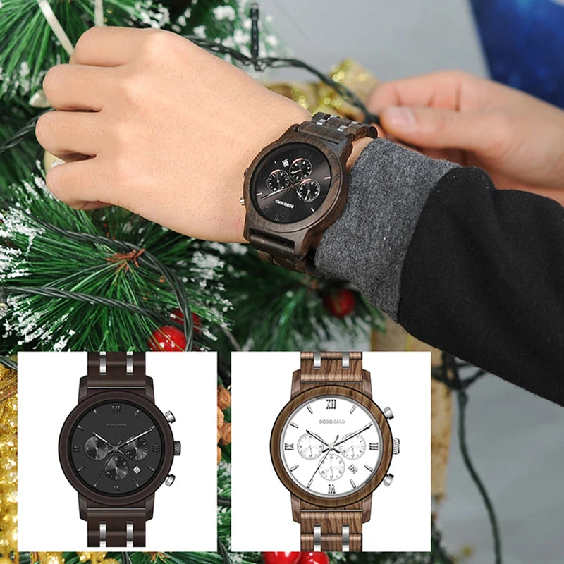 Custom Wood Watch BOBOBIRD Personalized Name Brand BOBOBIRD Chronograph Military Quartz Wristwatch With Wooden Box Dropshipping