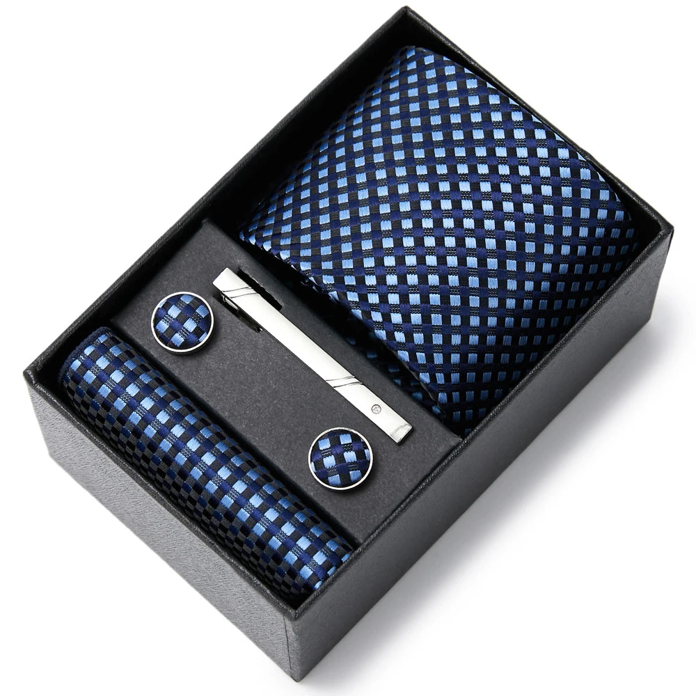 2023 Fashion 7.5 CM Width Tie Sets Black Men's Tie Hankerchiefs Cufflinks Clip Box Wedding Gift Handmade Necktie Work Clothing