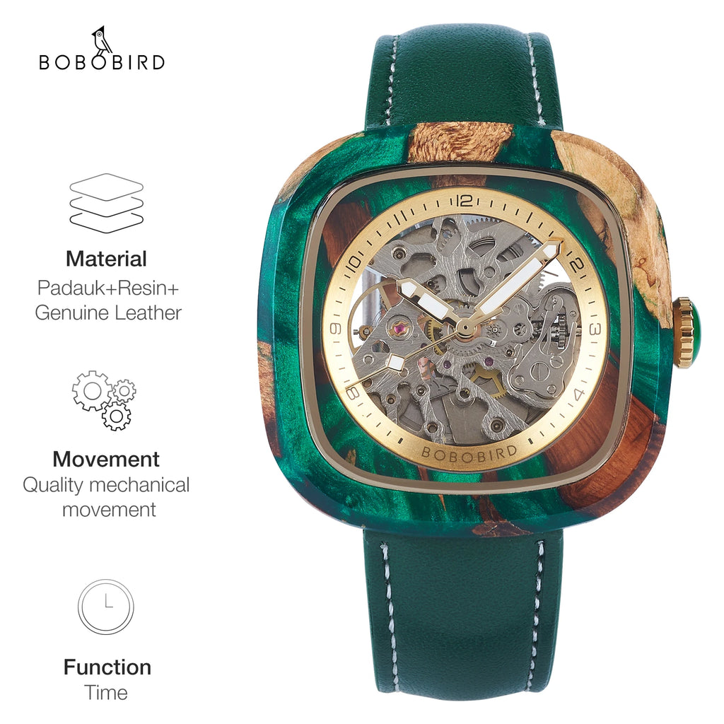 Reloj de pulsera mecánico de madera y resina para hombre BOBO BIRD, personalizado con nombre o logotipo, regalo para novio, admite dropshipping
