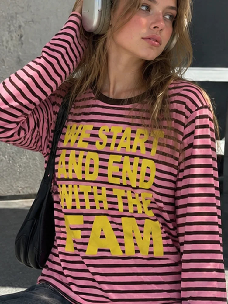 Women Letter Print Striped Long Sleeve T-shirt Crew Neck Loose Fit Pink Black Stripe Y2K Casual Streetwear Ladies Tops