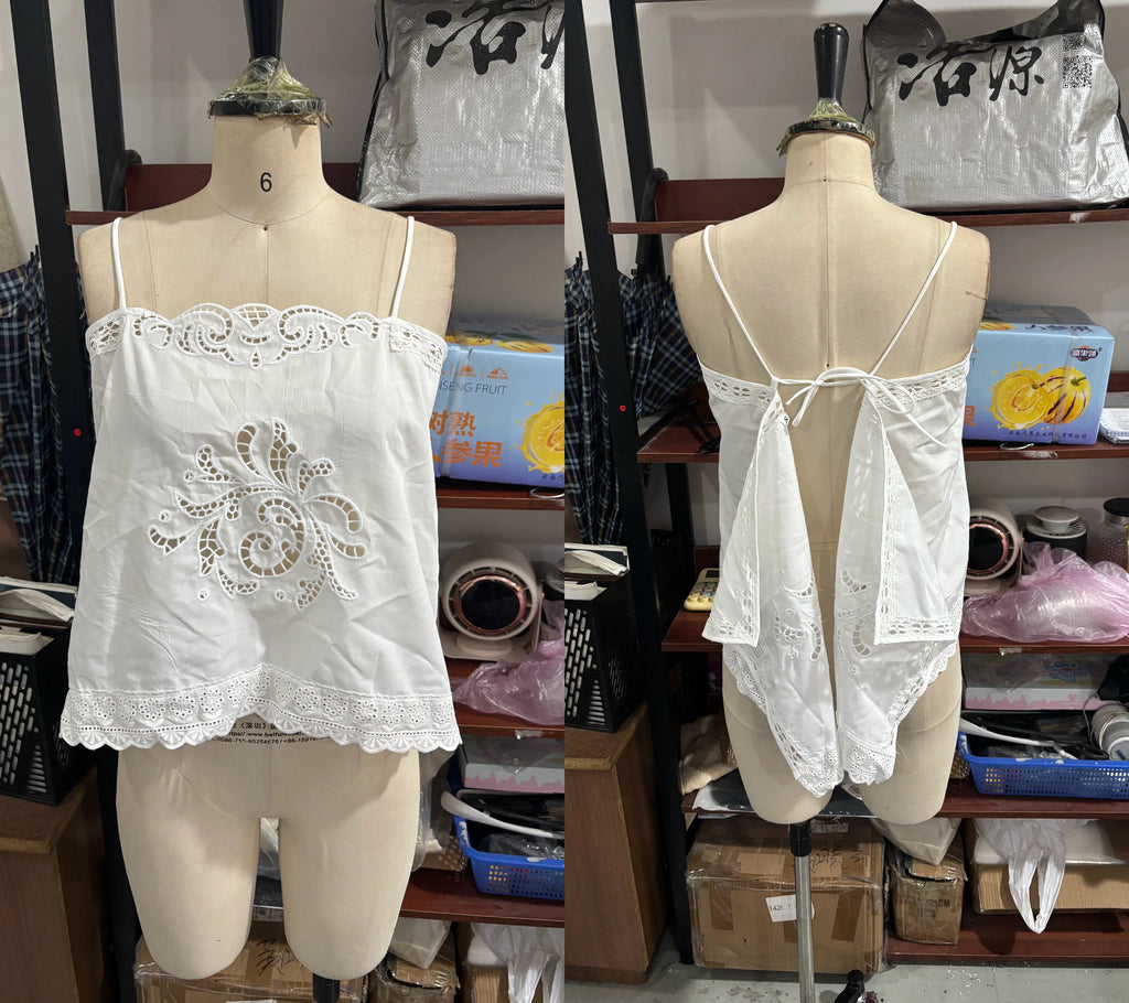 Women Sleeveless Polyester Top with Cutwork Embroidery and Side Split