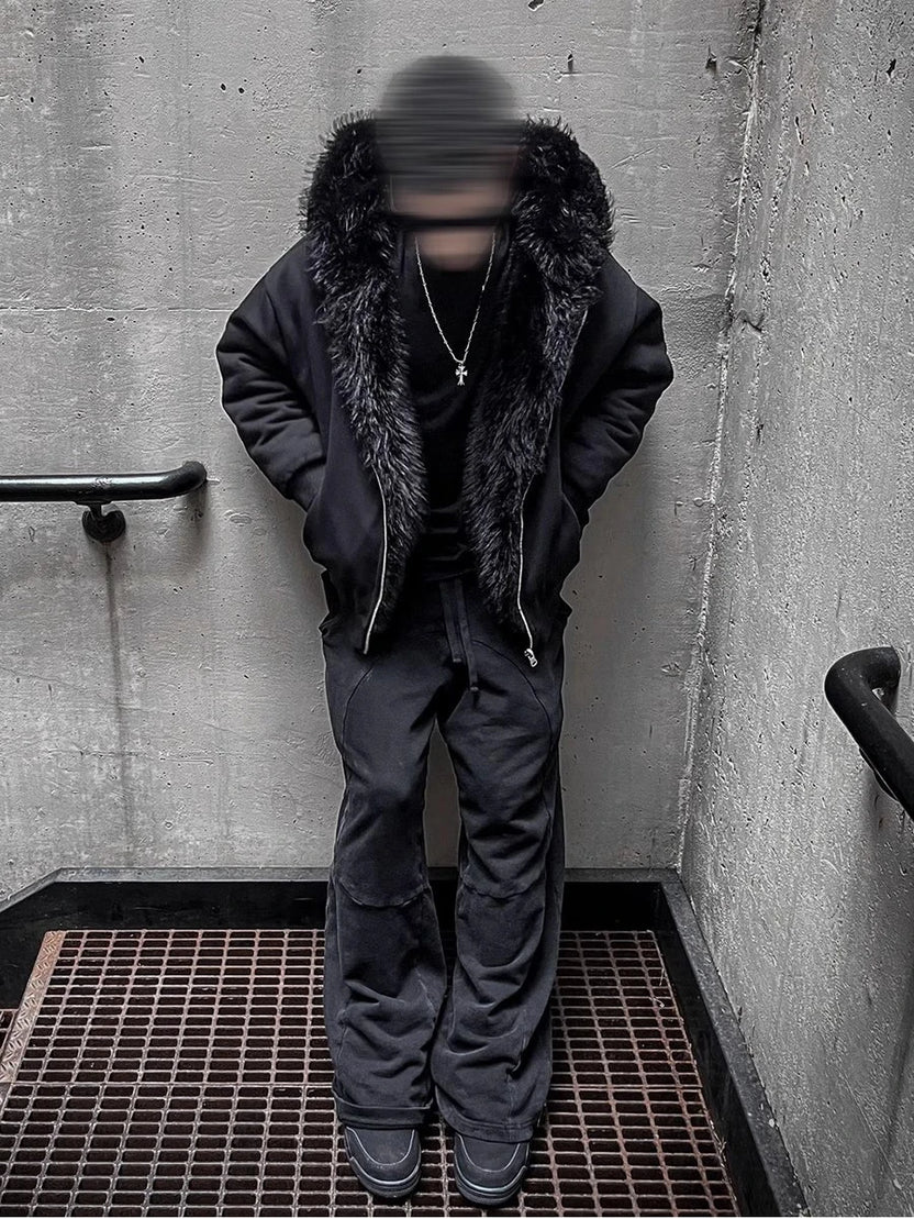 Mauroicardi höst/vinter oversized förtjockad varm svart vändbar fuskpäls parkas för män med huva dragkedja fluffig jacka 2025