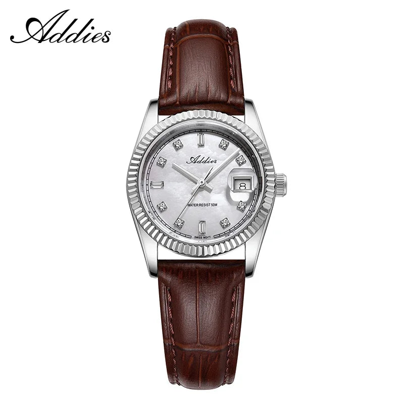 Reloj de lujo para mujer ADDIES de 28 mm, cristal de zafiro, resistente al agua 50 m, acero inoxidable 316L, reloj de cuarzo para negocios para mujer