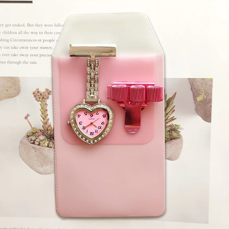 Glitter Peach Nurse FOB Watch Sparkle Pocket Watch Egg Jojo Pen Holder Heart Diamond Brooch Medical Clock Pink Graduation Gift