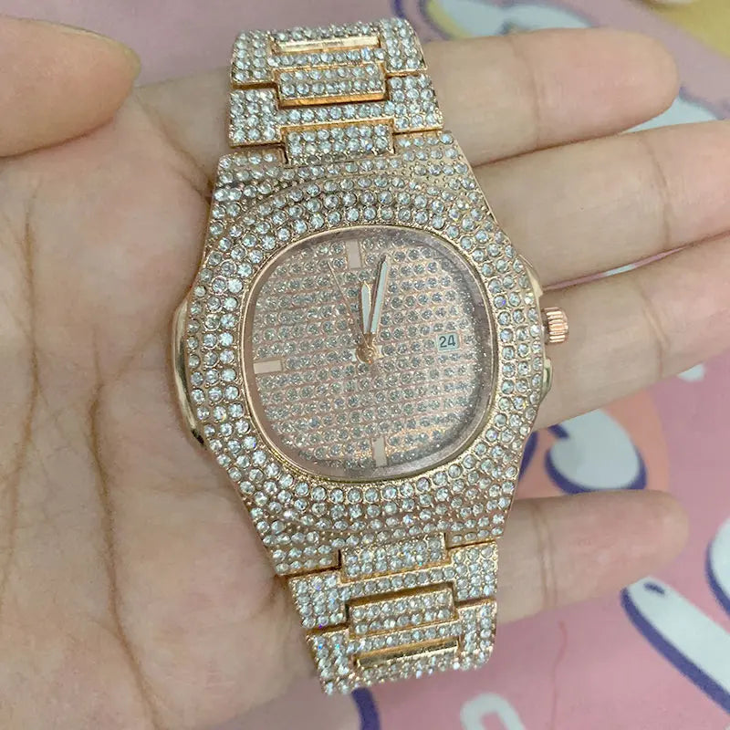 Reloj de moda unisex con diamantes, reloj de cuarzo de acero estilo hip hop, reloj de lujo de marca para hombre y mujer