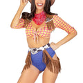 Women Sexy Cowgirl Costume Plaid Fringe Crop Top High Cut Shorts With Bandana Belt Cosplay Outfit Halloween Carnival Party Set