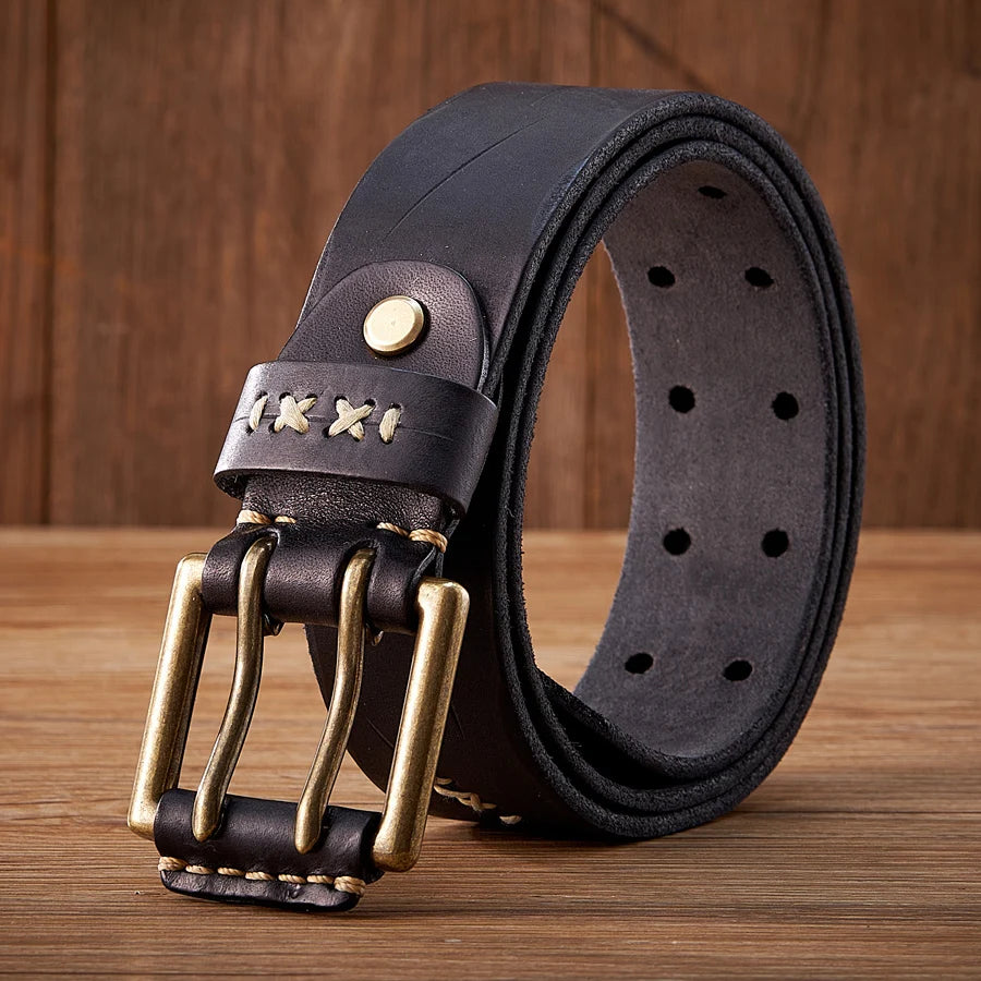 Cinturón táctico militar de cuero genuino original de 3.8 cm con hebilla de doble aguja, cinturón para hombre, estilo desgastado envejecido, cinturón para vaqueros estilo masculino