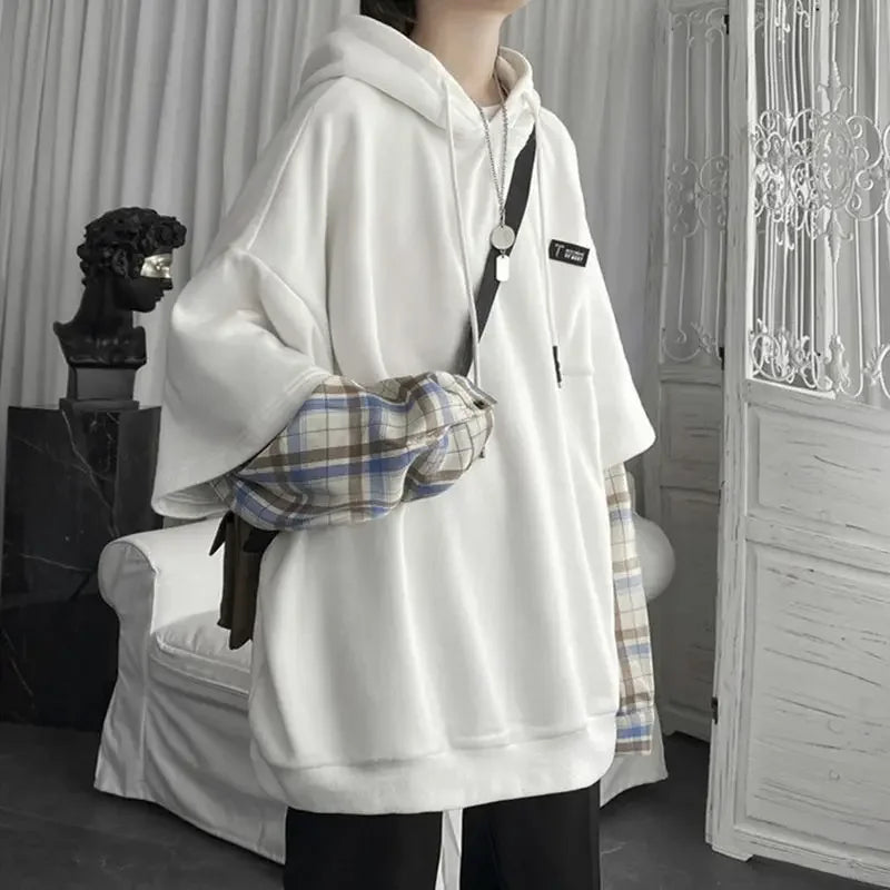 Damska bluza z kapturem typu "fake two", patchworkowa, w kratę, oversize, styl koreański Y2K, młodzieżowa, Harajuku, casualowa bluza