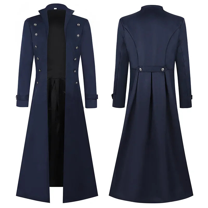 Gabardina gótica para hombre, abrigo medieval steampunk retro, cruzado, con ribete, de solapa, vintage, largo