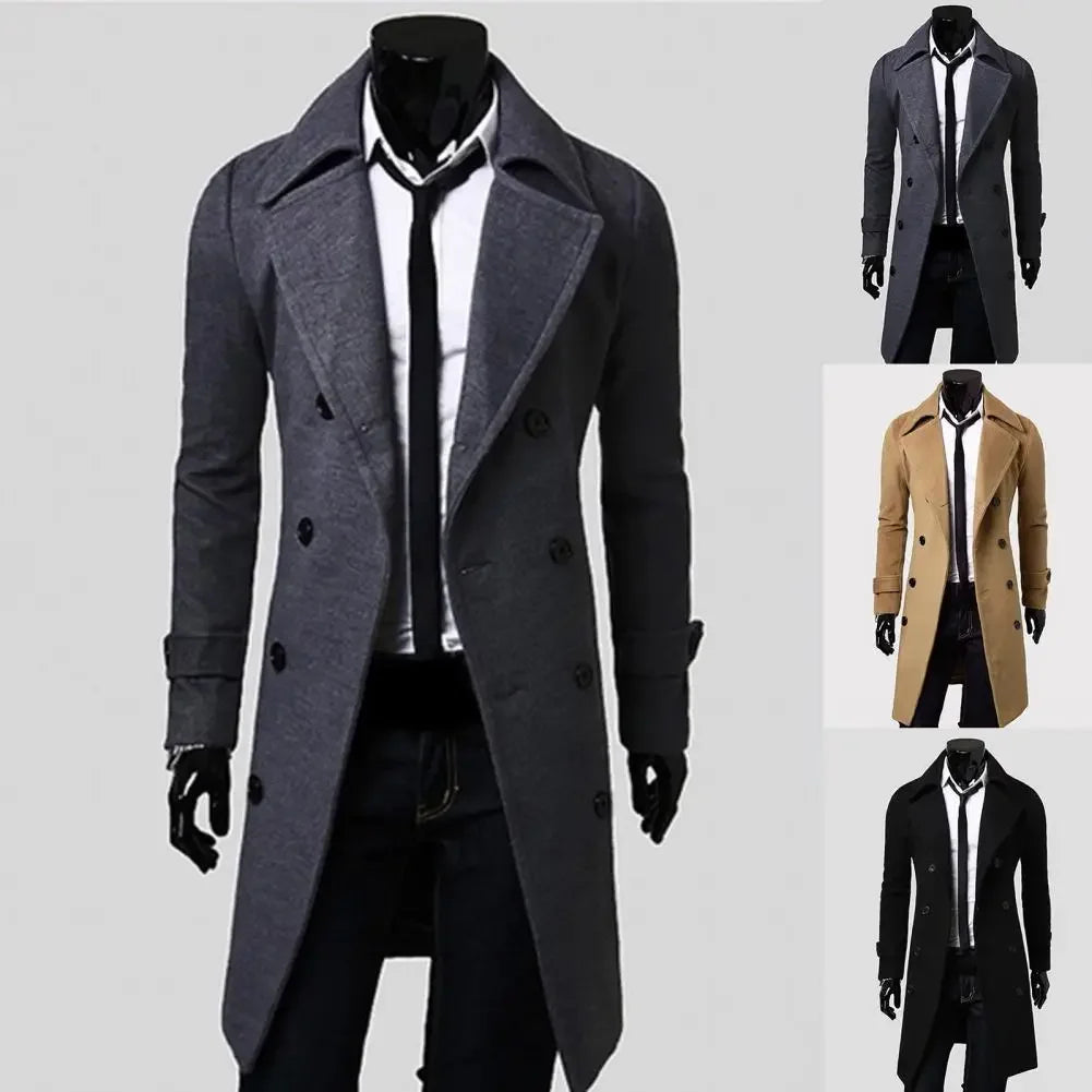 Simple Trench Coat  Double-Breasted Male Men Coat  Coldproof Pure Color Jacket