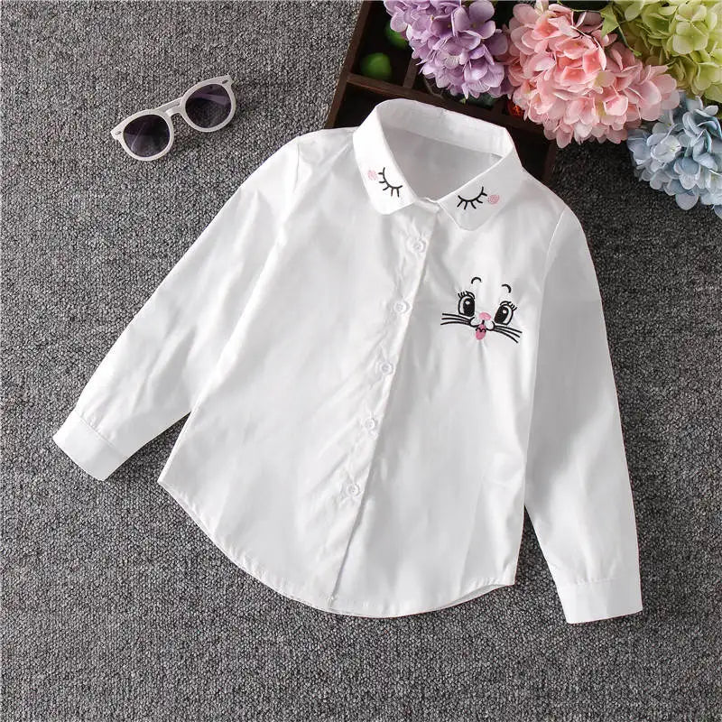 Neue Mädchenbluse in Weiß, niedliches Langarm-Shirt mit Cartoon-Motiv für den Herbst, Kinderbluse für Mädchen, Teenager-Schulkleidung, Oberteile für Kinder