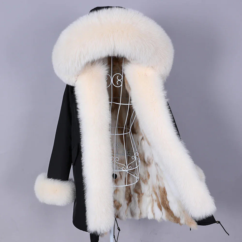 MAOMAOKONG 2026 Removable Real Fox Fur Collar Coats Woman Winter Jacket Hooded Rabbit Fur Lining Long Parkas Female Clothes