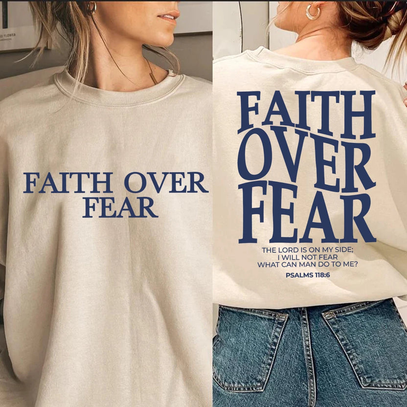 Bluza z napisem Faith Over Fear chrześcijańska bluza z kapturem modny sweter cytat z Biblii religijna bluza bez kaptura topy z motywem Jezusa i wiary